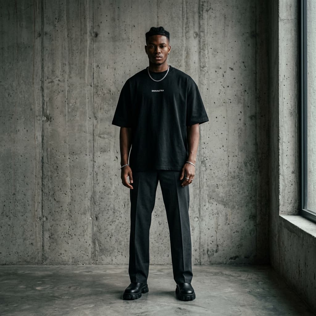 Model in an EKKVASTRA oversized black t-shirt — the men's edit