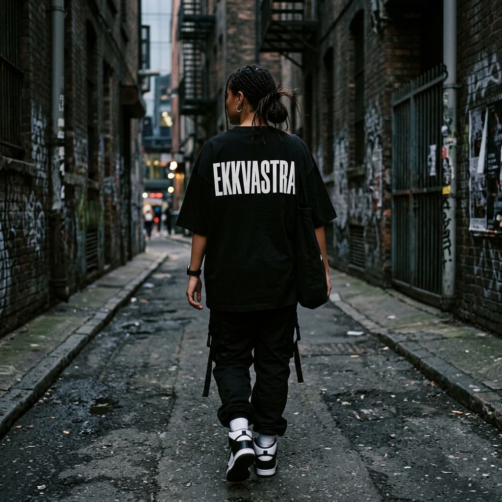 Model wearing an EKKVASTRA back-print tee — the women's edit