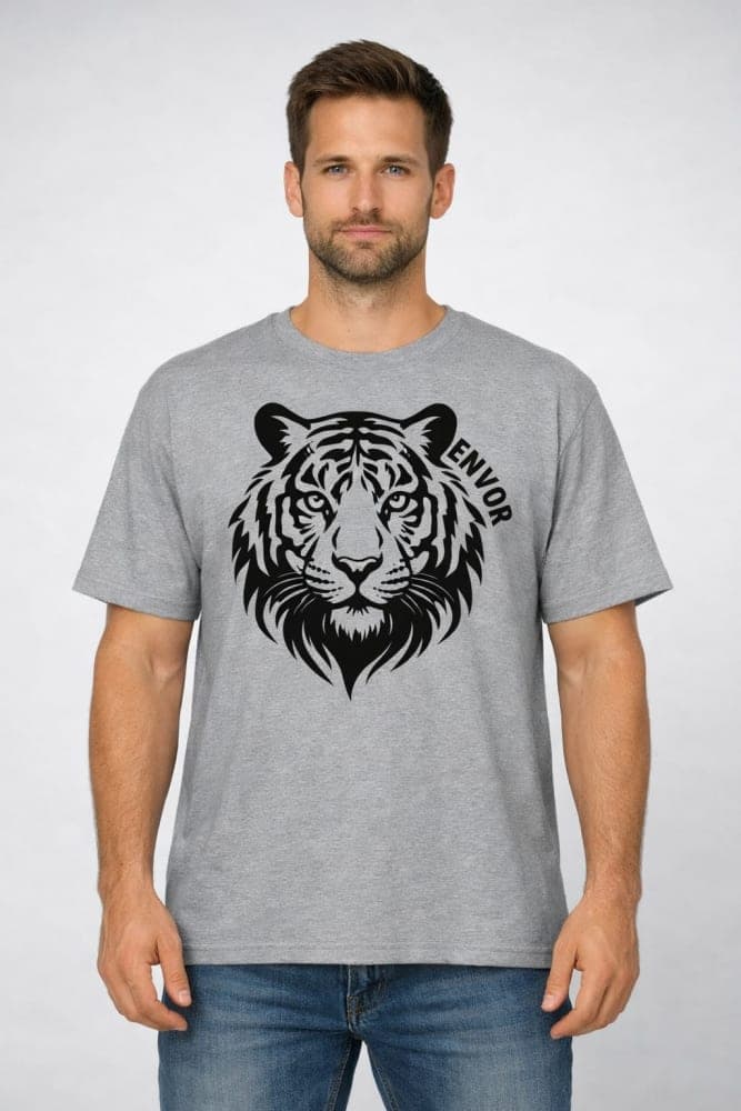 Men’s Light Grey Tiger Print T-Shirt – Bold Black Graphic Cotton Casual Tee 1