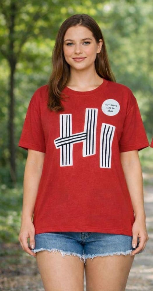 Women’s Red “HI” Graphic T-Shirt – Minimal Printed Casual Cotton Tee 1