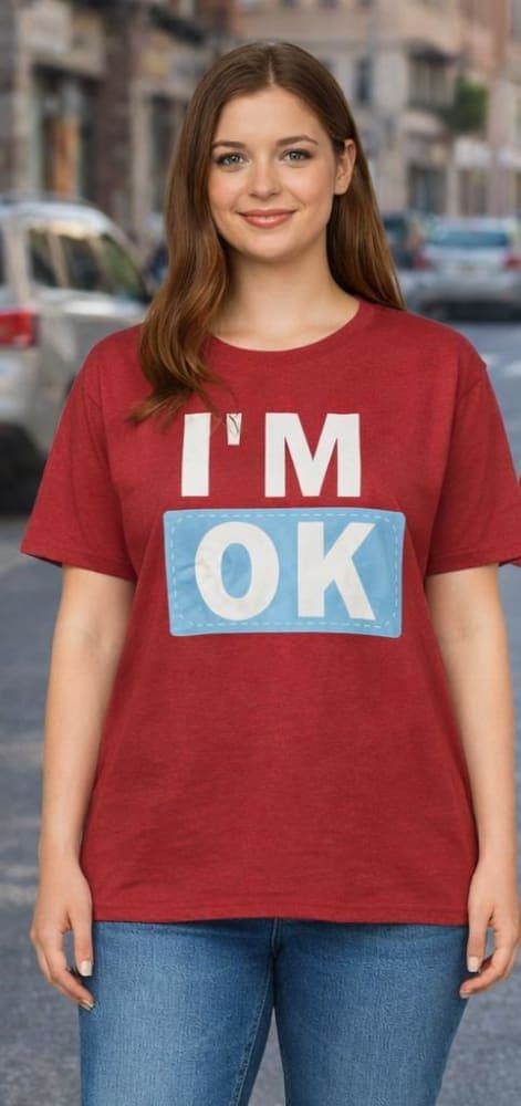 Women’s Red “I’M OK” Printed T-Shirt – Trendy Statement Casual Cotton Tee 1