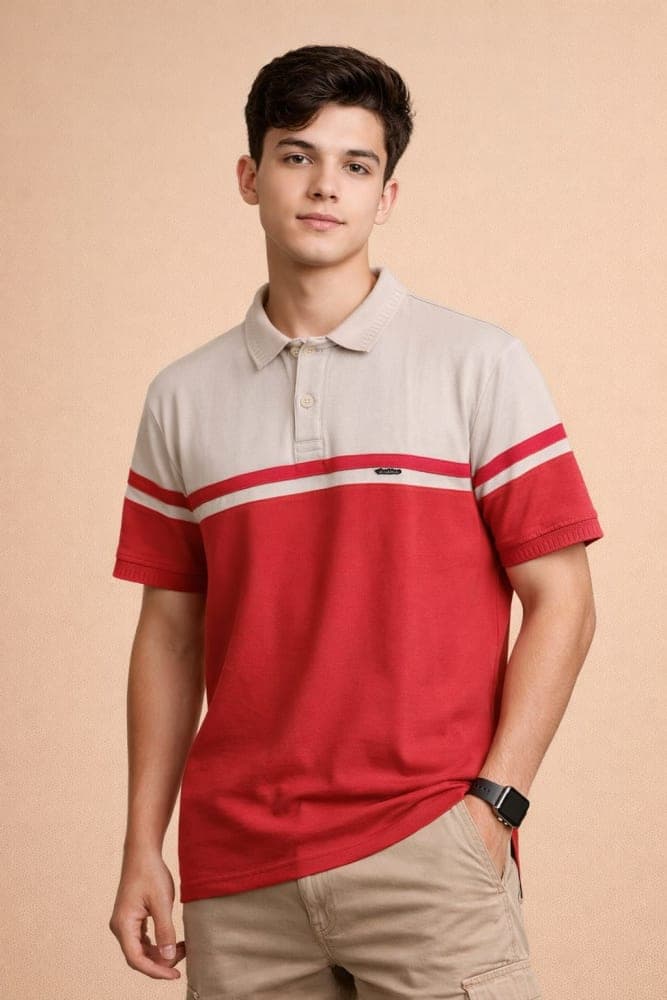 Men's Colorblock Polo Shirt - Sand & Crimson Red 1