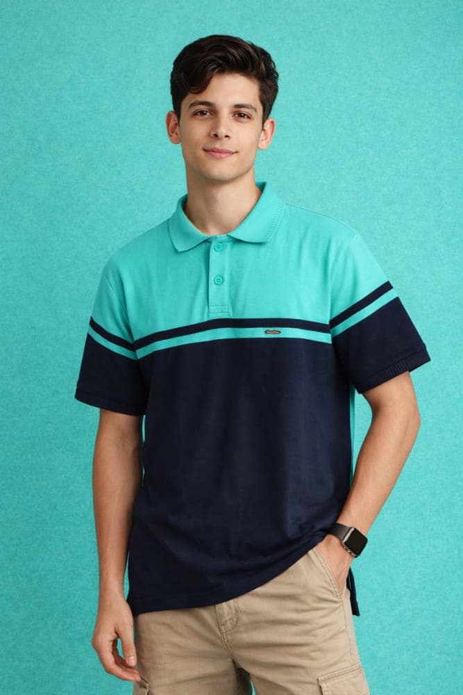Men's Colorblock Polo Shirt - Aqua & Navy Blue 1