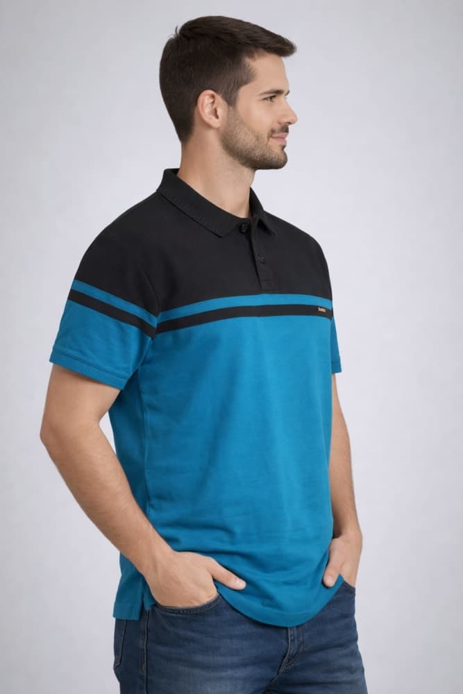 Men's Colorblock Polo Shirt - Classic Black & Teal Blue 1