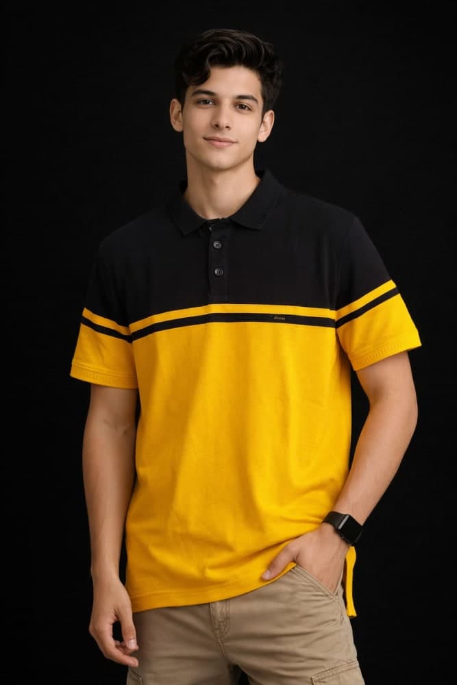 Men's Colorblock Polo Shirt - Classic Black & Vibrant Yellow 1