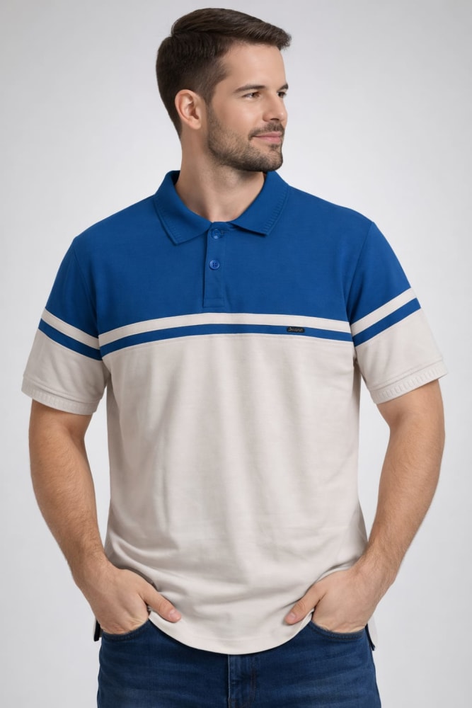 Men's Colorblock Polo Shirt - Royal Blue & Light Beige 1